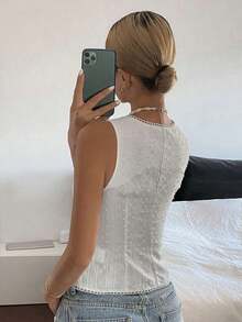 Cárdigan corto sin mangas con textura y rayas de estilo bohemio casual para mujer, adecuado para primavera, verano, playa y uso diario - Blanco - Ver 4