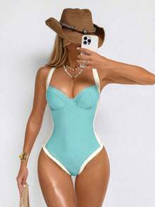 Traje de baño de una pieza con control de abdomen, con abertura lateral, push-up y efecto estilizante, en marrón y beige para mujer - verde menta - Ver 5
