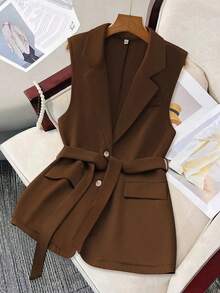 Chaleco de mujer versátil con botones y correas, apto para ir a la oficina y para uso diario - Marrón Chocolate - Ver 1