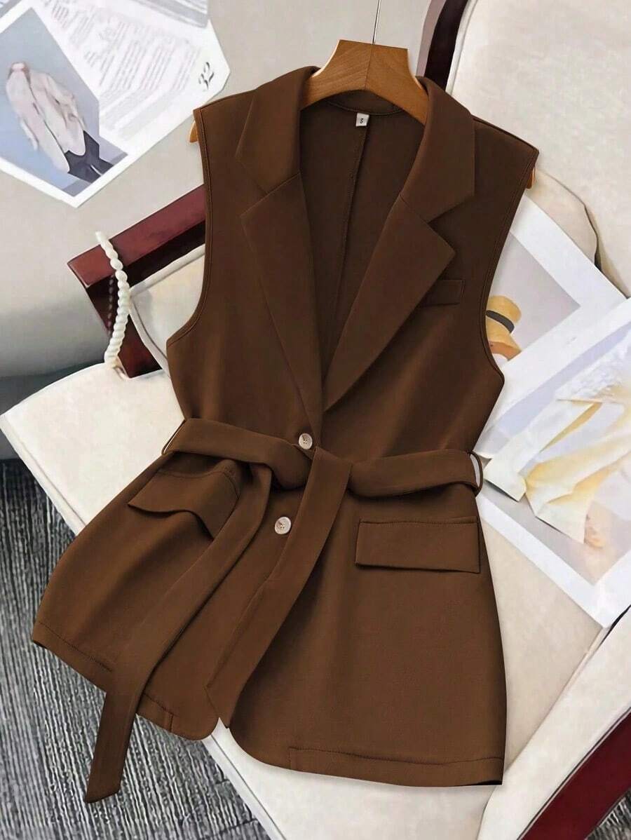 Chaleco de mujer versátil con botones y correas, apto para ir a la oficina y para uso diario - Marrón Chocolate - Ver 1