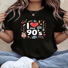 Cute And Casual Black Cotton T-Shirt For Women With "I Love The 90's" Graphic Print, Short Sleeves, Round Neck, Regular Fit, Ideal For Everyday Wear. - 黑色 - 查看 1