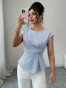 Blusa elegante de mujer con cintura a rayas, ajustada, con decoración de hebilla metálica y cremallera oculta en la espalda, adecuada para uso casual y de oficina - Azul - Ver 3