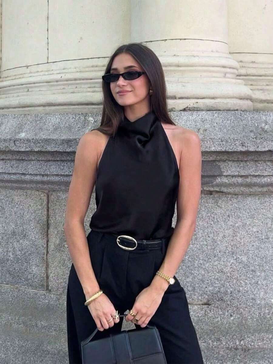 Blusa sin espalda de satén sexy para mujer, top casual elegante para fiesta de noche en color negro - Negro - Ver 1