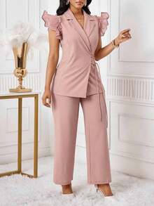 Conjunto de traje de mujer con blazer de manga con volantes rosa y pantalones elásticos de cintura alta para otoño/invierno - Rosa vieja - Ver 5