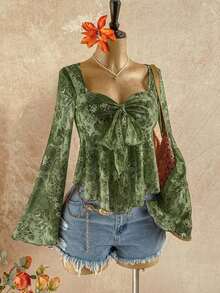 Women's Vacation Back To School Fall Floral Print V-Neck Long Sleeve Babydoll Vintage Tops, Bohemian Sheer Top Boho Blouses Vintage Tops Women Bohemian Top Boho Tops For Women WFED - 綠色 - 查看 4