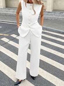 Set de 2 piezas para mujer con top sin mangas con botones delanteros lisos y pantalones largos, conjunto casual - Blanco - Ver 6