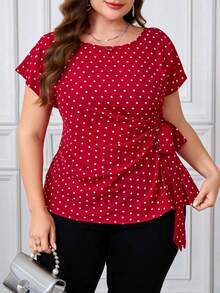 Camisa casual de manga corta con diseño plisado y teñido anudado para mujer de talla grande, adecuada para vacaciones, fiestas y salidas - Rojo - Ver 5