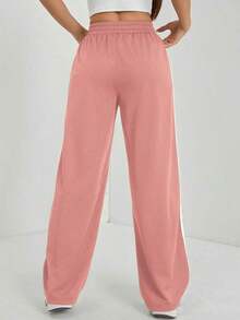 Pantalones casuales con rayas laterales negras, de estilo simple y de moda para uso diario, graduación, maestros y vuelta al colegio para mujeres - Rosa - Ver 2