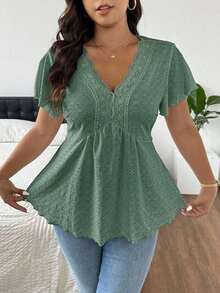 CosyJoli Camiseta de mujer de talla grande con cuello en V, parche de encaje y textura a rayas en forma de A - Verde - Ver 9