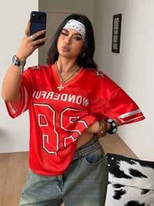 Camiseta de béisbol rosa con gráficos de malla transpirable de talla grande para mujer, para primavera/verano, festivales, salir y usar en la calle, con estilo vintage - Rojo 2 - Ver 6
