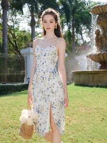 Vestido de tirantes con abertura lateral con estampado floral, blanco, elegante para vacaciones de verano - Blanco - Ver 11
