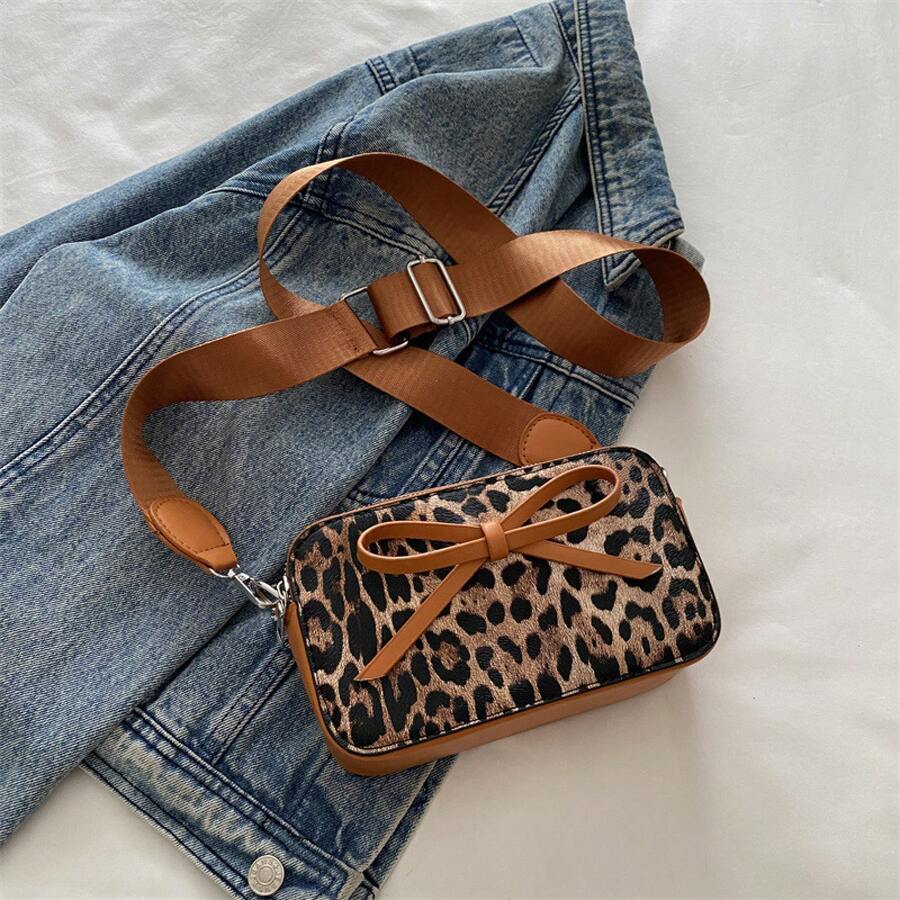 Women's Leopard Print Crossbody Bag Fashion Bow Knot Design PU Leather Small Square Shoulder Bag Vintage Messenger Bag With Adjustable Strap