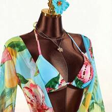 3pcs Women's Floral Cover-Up Swimsuit Set, Sexy Backless Deep Draped Neck Design, Suitable For Holiday Wear Beach Vacation Outfits For Women - Multicolor - Ver 6