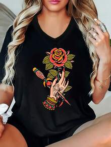 Talla Grande - Talla Grande - Nueva Camiseta de Cuello en V 2025 con un Diseño Estampado Versátil, Mangas Cortas, Hecha de Tejido Microelástico Laxo, Estampado de Moda en Estilo INS - Negro - Ver 7