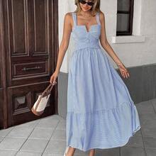 Vestido de mujer con cuello en V a rayas y cruzado - Azul y blanco - Ver 6