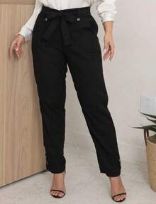 Women's Skinny Linen High-Waisted Trousers With Slash Pockets And Front Tie – Elegant Formal Style, Modern Tailoring, Chic Fitted Cut For Work, Events, And Sophisticated Casual Fashion Looks - 黑色 - 查看 3