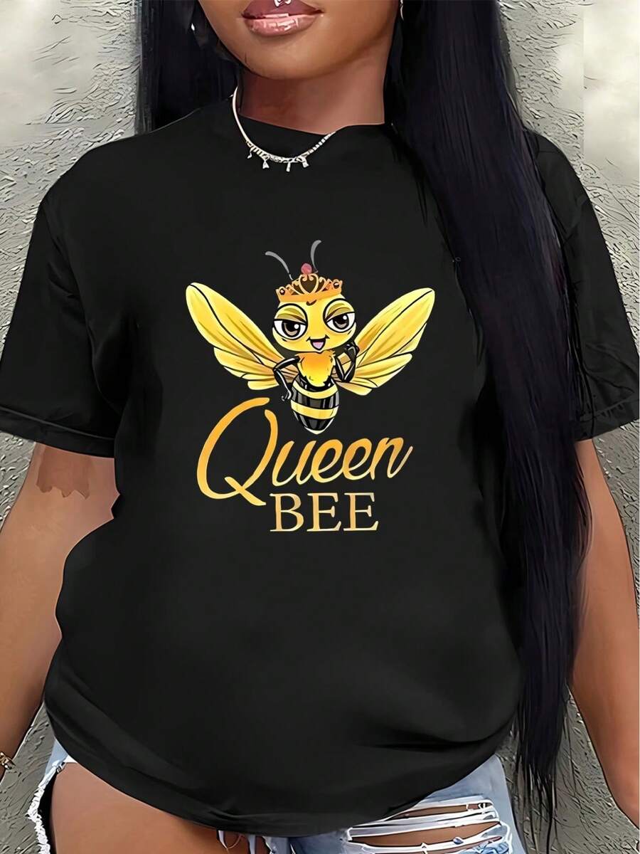 Women's Short-Sleeved Polyester T-Shirt With Queen Bee Print, Suitable For Casual Wear At Home And In Restaurants, Lightweight And Durable Design, Comfortable Fit, Stylish Printed T-Shirt, Available In Various Colors. - Black - View 1