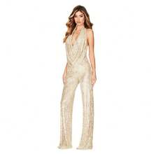 Monocromático dorado con lentejuelas, escote halter en V profundo, diseño de piernas anchas sin mangas, tejido brillante elástico ideal para fiestas nocturnas, eventos festivos y invierno, estilo sexy glamoroso perfecto para cenas elegantes y celebraciones - Color beige - Ver 5