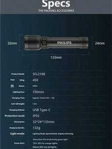 PHILIPS 飛利浦 USB 充電式便攜手電筒，全金屬機身，超亮，長電池壽命，戶外徒步露營燈，自衛頭部設計，防水緊急燈，原裝飛利浦 SFL2188 - 黑色 - 查看 11