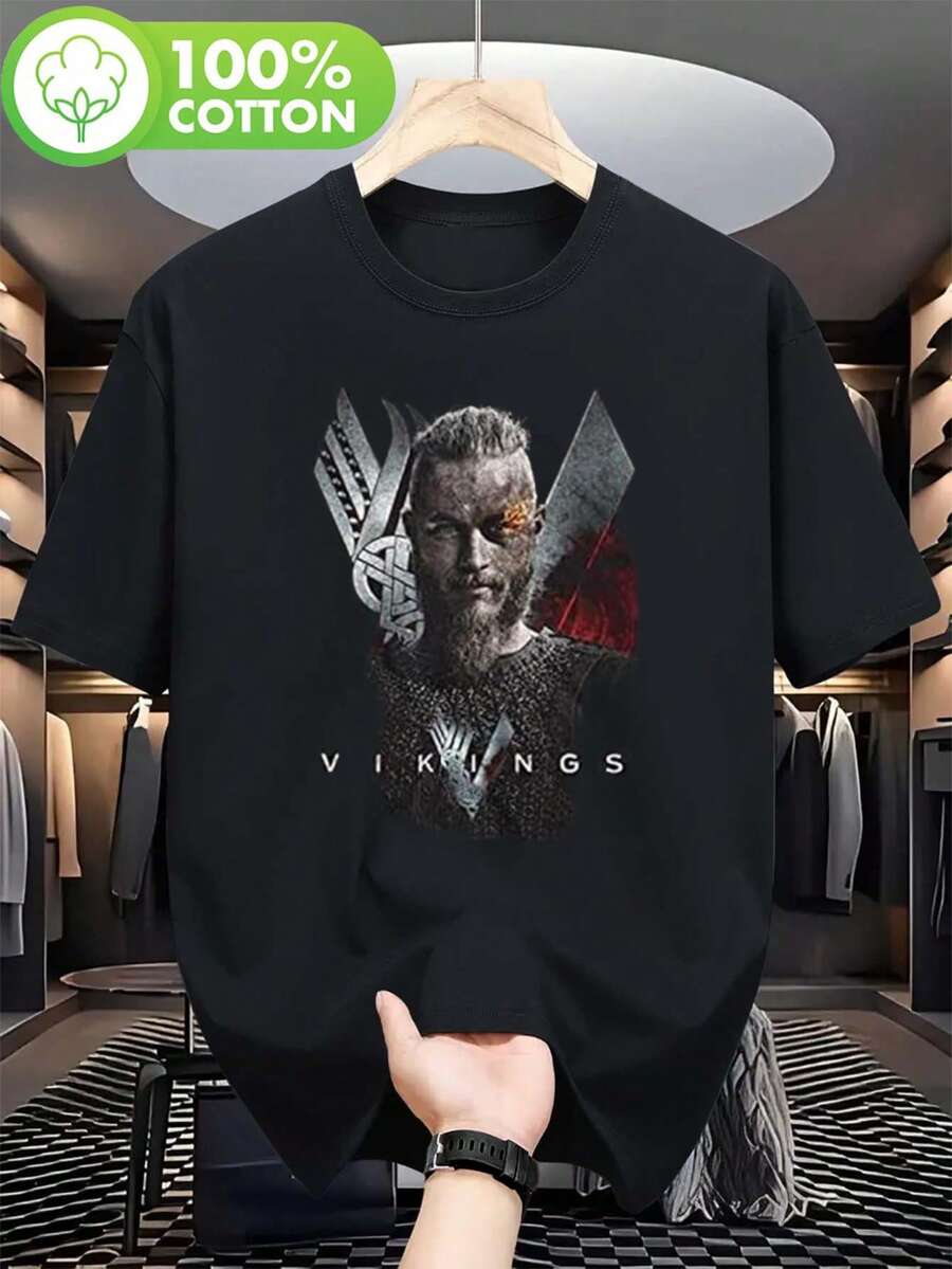 1 camiseta gráfica de la serie de TV Vikings para hombre - Camiseta de manga corta con cuello redondo 100% algodón, con diseño de guerrero vikingo y llama, ropa casual de calle para fanáticos de la historia y el drama, mercancía para fans, estampado duradero, tela transpirable, ropa de cultura pop. - Negro - Ver 1