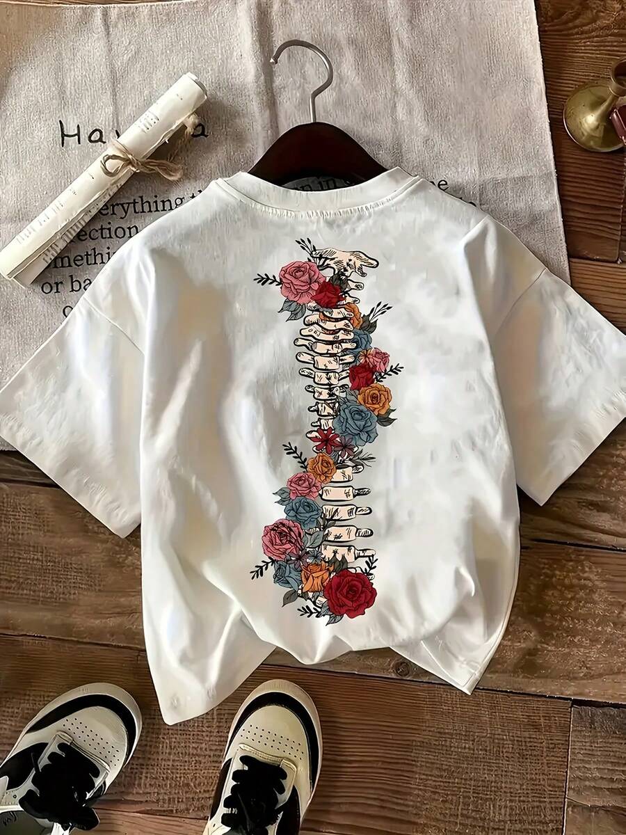 Camiseta Casual Vintage de Manga Corta para Mujer - Transpirable, opaca, de cuello redondo, disponible con estampados florales geométricos en espiral, adecuada para usar en capas en primavera, verano y otoño, ideal para el uso diario casual y un elemento básico imprescindible en el armario, camiseta gráfica opaca lavable a mano. - Blanco - Ver 1