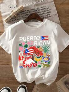Camiseta Casual de Manga Corta para Mujer con Diseño de la Cultura Puertorriqueña para Vacaciones de Verano |   100% unisex, tela cómoda, ropa casual, diseñada con patrones tradicionales (bandera de Puerto Rico, ropa, plátano, rana). - Rojo - Ver 10