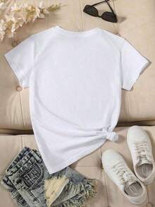 1 Piece Of Women's Cat Print Short Sleeve T-Shirt, Casual Loose Fit, 180g, 100% Cotton. - 白色 - 查看 2