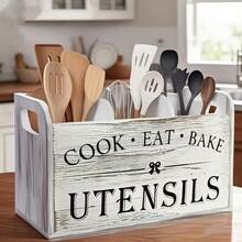 Portautensili in legno rustico extra large - Organizer da appoggio o da parete con 3 scomparti, adatto per attrezzi da cucina e da forno, supporto multifunzione per la cucina di alta qualità - Multicolore - Visualizzare 3