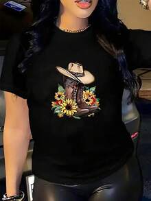 ropa de mujer  Conjunto de blusas para mujer, 1 pieza. Blusas hermosas para mujer, conjuntos de ropa para mujer, camiseta de 180 g, estampado en blanco y , botas de vaquero y girasoles. Impresión de alta calidad, cuello redondo básico, corte holgado para hombres y mujeres. Transpirable, versátil, lavable a máquina, cómodo. Talla S ~ 3XL. Ideal para uso diario, casual, deportivo, esencial para el verano. camisas de mujer - Negro - Ver 6