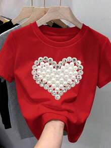 Women's 100% Cotton T-Shirt, Soft And Comfortable, Short Sleeve, Crew Neck With A Simulated Pearl Print And Diamond-Like Heart-Shaped Glitter. Ideal For February Festivities, The Month Of Love And Friendship. Spring/Summer Loose-Fitting T-Shirt. Ideal Gift. Vintage Street Style Unisex Cotton Short Sleeve Crew Neck T-Shirt - 紅色的 - 查看 6