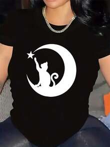 Men's T-Shirt Short Sleeve T-Shirt With Cat On The Moon And Stars Design | Made Of Durable, Lightweight And Comfortable Material For Casual Wear At Home, Restaurant Or Outdoor Environments, Round Neck, Medium Stretch Fabric. - 黑色 - 查看 6