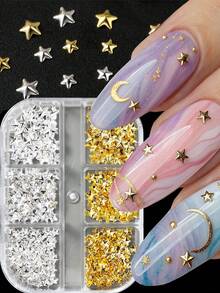 Gold Luxury Star/Heart Shaped Metal Decorations, Alloy Mini Pentagram & Heart Shaped Metal Studs Suitable For Metal Nail, Punk Style Party Manicure Supplies For Women - Multicolor - View 1