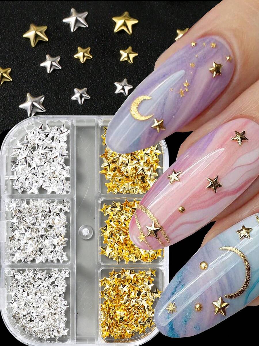 Gold Luxury Star/Heart Shaped Metal Decorations, Alloy Mini Pentagram & Heart Shaped Metal Studs Suitable For Metal Nail, Punk Style Party Manicure Supplies For Women - Multicolor - View 1