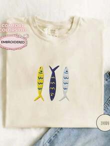 Embroidered T-Shirt With Sardines, T-Shirt For Fish Lovers, Aesthetic Fishing Gift, Sea Animal, Coastal Embroidered T-Shirt. - 杏色 - 查看 6