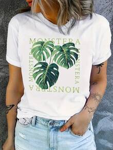 Camiseta casual de verano para mujer, suave, con estampado de la palabra MONSTERA y hojas tropicales - Patrón de plantas en negro y verde, cuello redondo, lavable a máquina, estilo regular, camisa estampada versátil y a la moda, cómoda, imprescindible para los entusiastas de la moda, nuevo artículo de moda de verano, regalo para vacaciones, blusas elegantes para dama. - Blanco - Ver 2