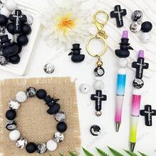 25/28PCS 3D Dark Raven Combination Silicone Bead Set, Includes Top Hat Raven And Spread Wing Cartoon Raven Shapes, Gothic Style, With 15mm Black Flower And Gray Striped Printed Beads, Black And Pearl Gray Beads Combination, Fashionable Design, Jewelry Making Beads, Ideal For DIY Bracelets, Lanyards, Pen Accessories, Holiday Decorations And Other Handicrafts - Perfect Gift For Holidays And Birthdays - Dark Raven Series - View 8