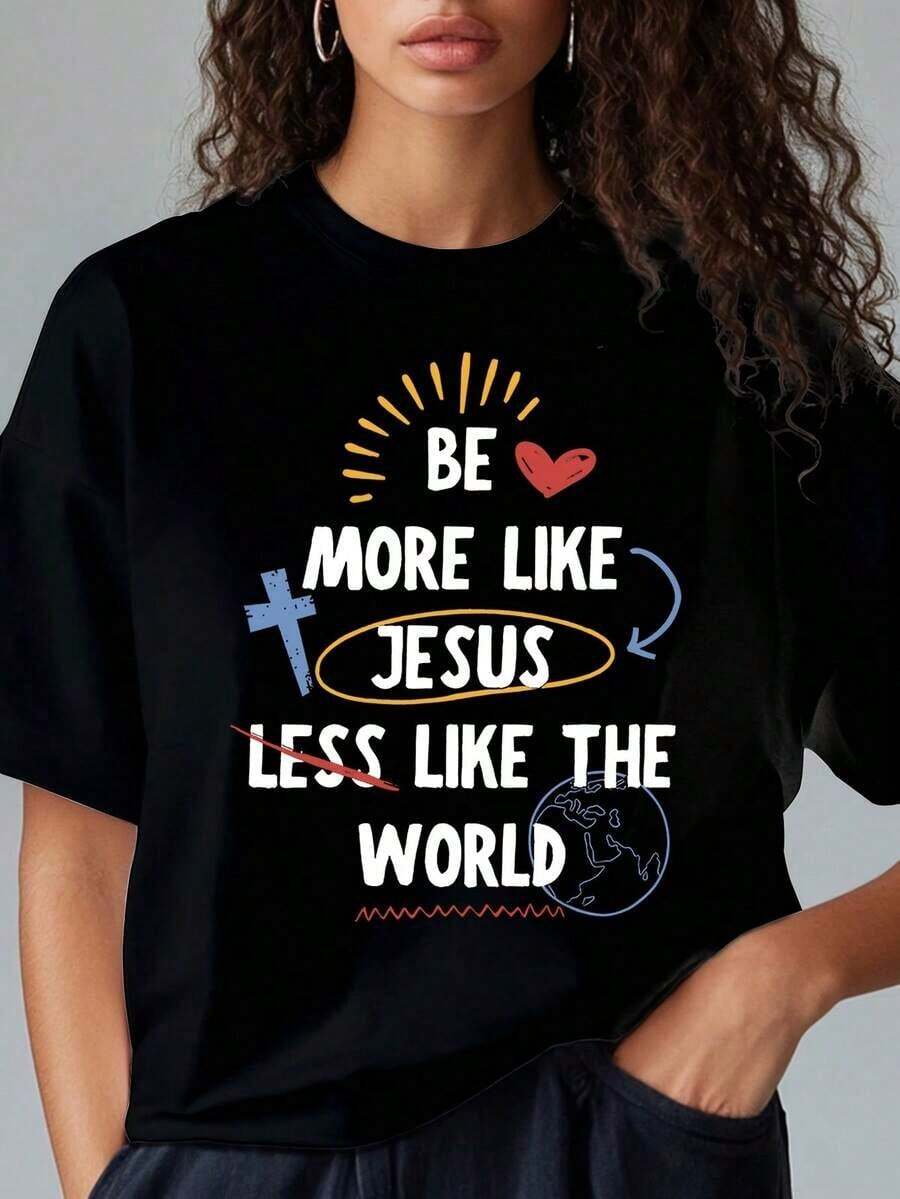Women's Summer Blouses, Fitted T-Shirt - "Love Of God" Print, 100% Cotton, Suitable For Religious Events, Evangelization Camps, Choirs, Easter, Passion Day, Pentecost - Casual Daily Wear, Loose And Comfortable Blouses For Spring. - 黑色 - 查看 1