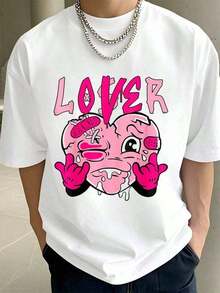 1 Piece Matching T-Shirt With Pink Heart Design "Loser Lover Pink Drip" For Men And Women - Artistic Print T-Shirts - Crop Tops - Summer Clothing - Men's T-Shirt - Summer Tops - 180g 100% Cotton T-Shirt, Designs Are Fully Printed. Unisex. 180g 100% Cotton - 白色 - 查看 1