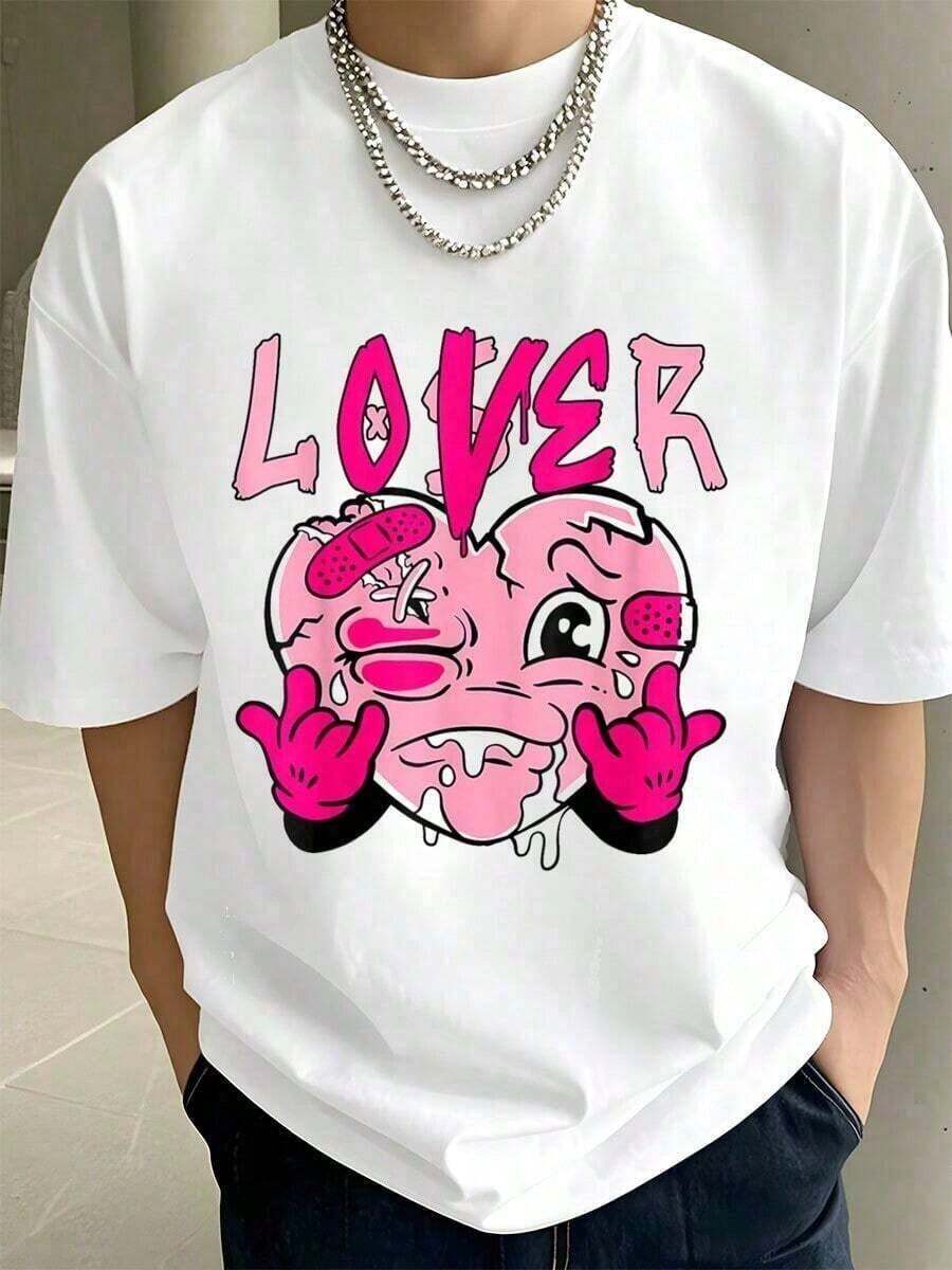 1 Piece Matching T-Shirt With Pink Heart Design "Loser Lover Pink Drip" For Men And Women - Artistic Print T-Shirts - Crop Tops - Summer Clothing - Men's T-Shirt - Summer Tops - 180g 100% Cotton T-Shirt, Designs Are Fully Printed. Unisex. 180g 100% Cotton - 白色 - 查看 1