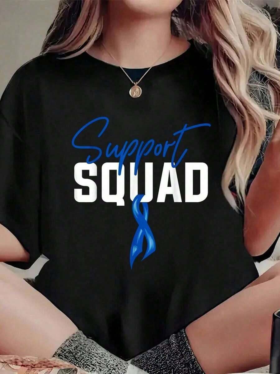 T-Shirt With Blue Ribbon Print Supporting Colon Cancer Awareness, Casual Round Neck Short Sleeve T-Shirt For Summer, Women's Clothing. - Black - View 1