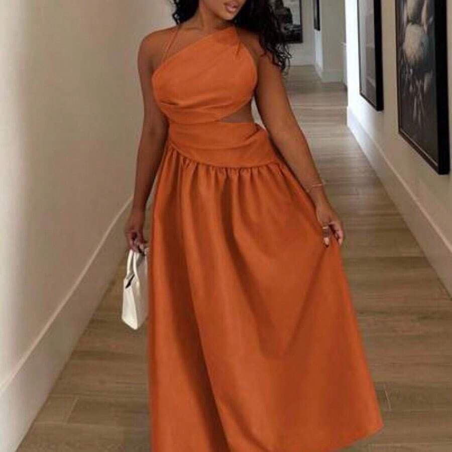 New Asymmetrical Hollow-Out Backless Criss-Cross Strap Detail Long Dress, Casual Resort Style, Spring/Summer - B - Color caoba - Ver 1
