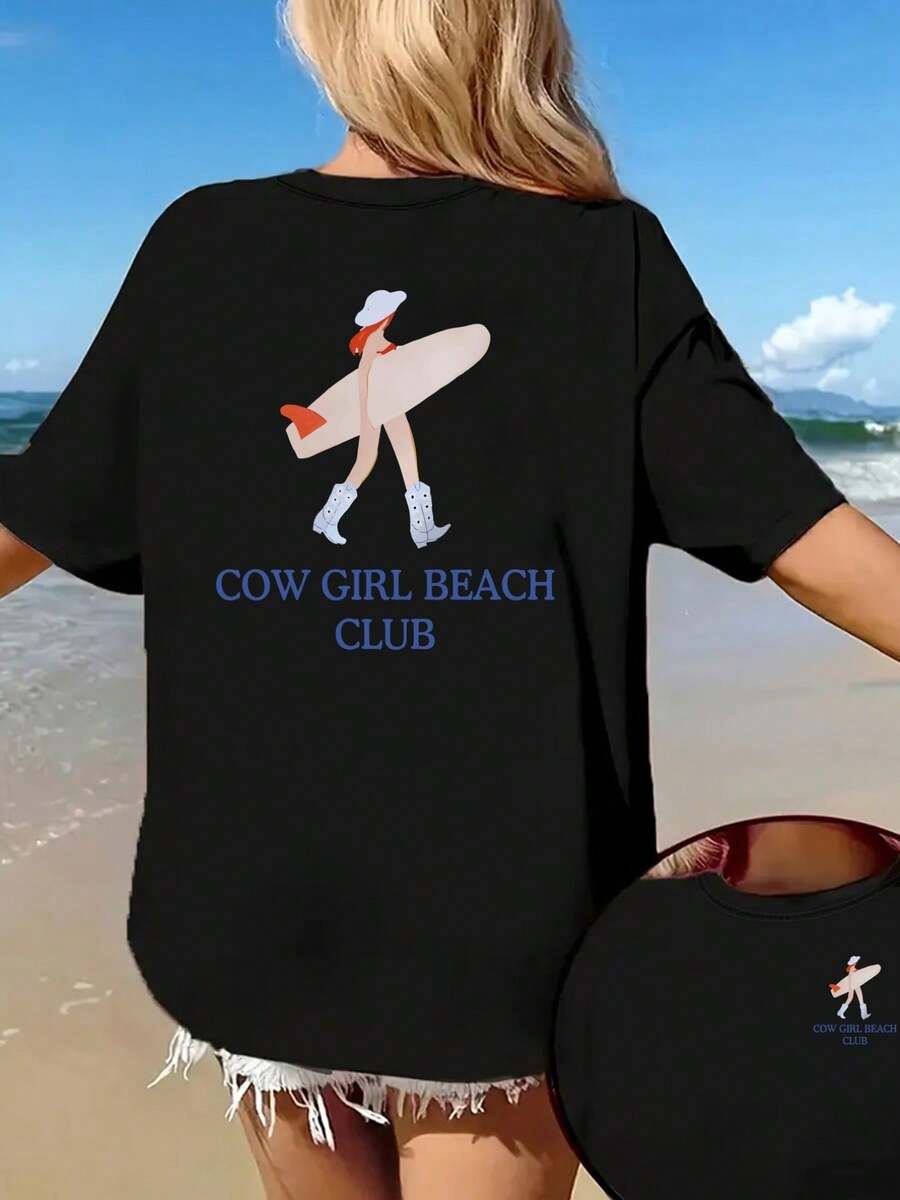Women's 100% Cotton Resort-Style Short-Sleeve Tee With A Denim Girl And Surf Club Print. This Breathable, Casual Summer Tee Is Perfect For Beach Vacations. It Embodies Vacation Style With Beach-Themed Designs Featuring Surf And Denim Girl Motifs. This Summer Beach Tee For Women Is Made Of Breathable Fabric, Ideal For Back To School, Suitable For Outdoor Activities, And Makes A Perfect Gift. . - 黑色 - 查看 1