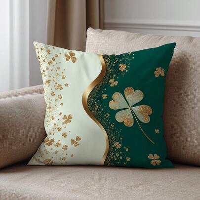 1pc Minimalist Gold-Plated Four-Leaf Clover Printed Cushion Cover, Single-Sided Soft Peach Velvet Fabric, 45*45CM/18*18inch Pillow Case For Room Decor, Modern Sofa Decoration, Party Decor, Gift