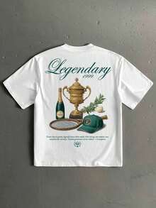 Camiseta de manga corta con estampado de trofeo de campeón de carreras vintage estadounidense, de corte holgado, moda casual para citas y reuniones, regalo ideal para el novio - Blanco - Ver 1