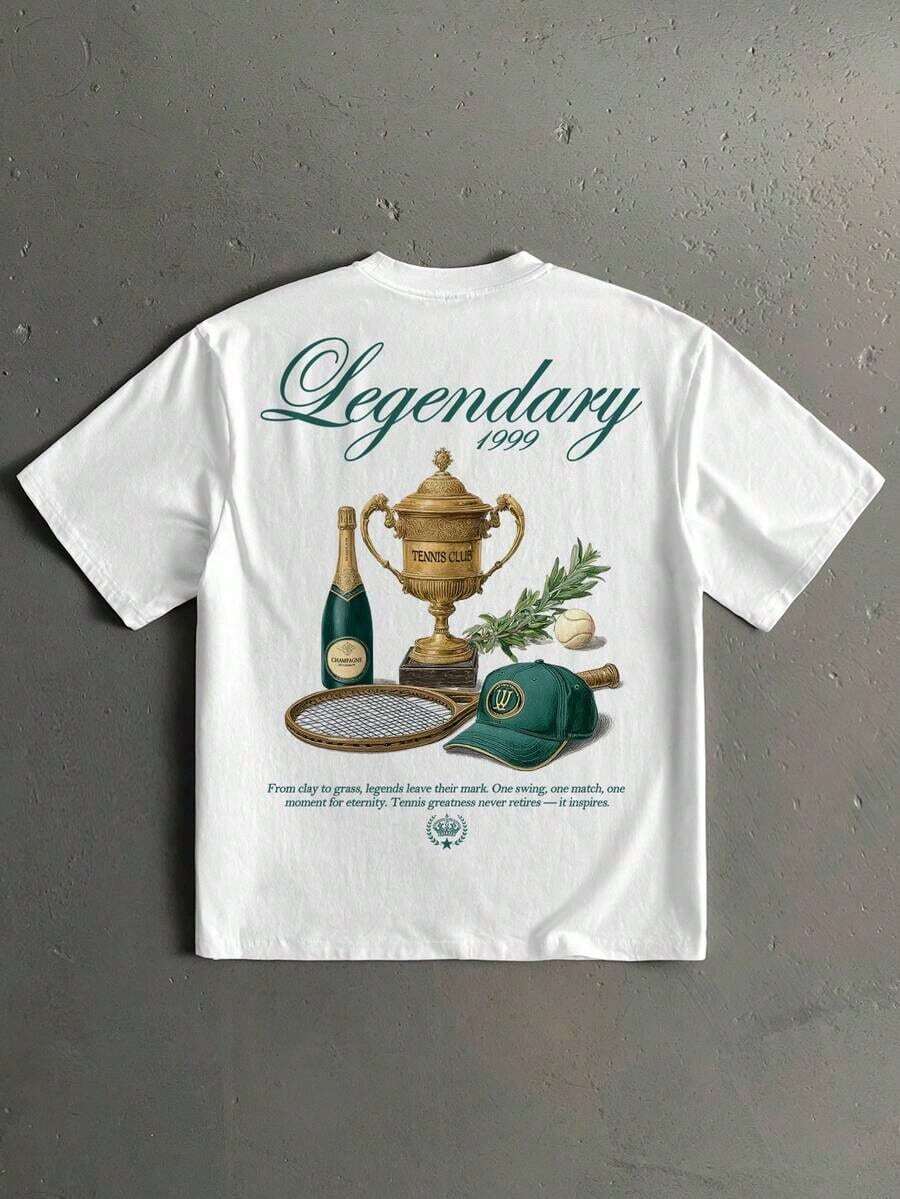 Camiseta de manga corta con estampado de trofeo de campeón de carreras vintage estadounidense, de corte holgado, moda casual para citas y reuniones, regalo ideal para el novio - Blanco - Ver 1
