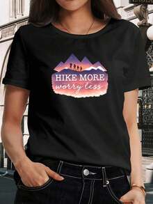 Minimalist T-Shirt For Women - Short Sleeve T-Shirt With Geometric Lines And English Letter Print, Modern And Retro Round Neck Top, Elegant Casual Garment For Parties, Simple, Loose And Versatile For Summer Work, Casual Blouses For Women - 黑色 - 查看 1