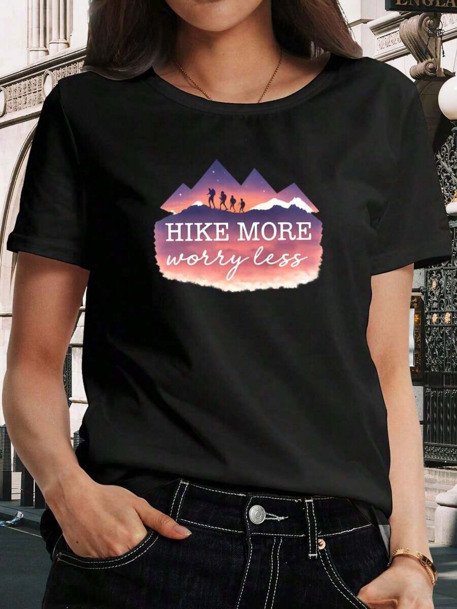 Minimalist T-Shirt For Women - Short Sleeve T-Shirt With Geometric Lines And English Letter Print, Modern And Retro Round Neck Top, Elegant Casual Garment For Parties, Simple, Loose And Versatile For Summer Work, Casual Blouses For Women - 黑色 - 查看 1
