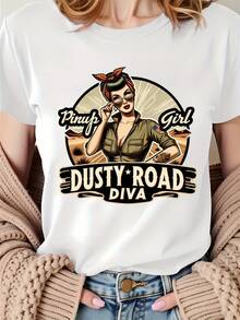 Highway Beauty: The Charm Of Vintage Women On The Dusty Highway - A Vibrant Sports T-Shirt For Women's Fashion And Leisure - Comfortable Short-Sleeved Crew Neck T-Shirt For All Seasons - 白色 - 查看 1