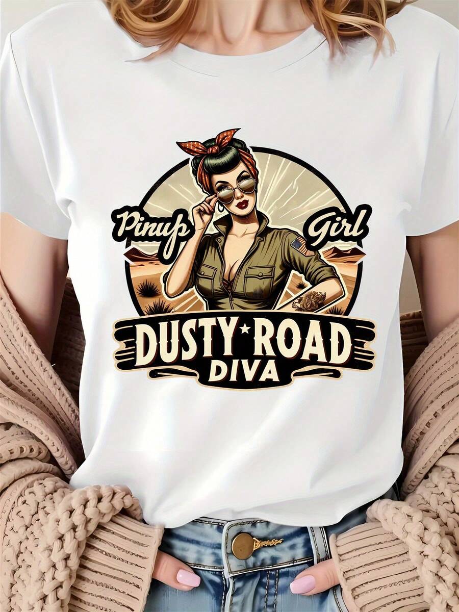 Highway Beauty: The Charm Of Vintage Women On The Dusty Highway - A Vibrant Sports T-Shirt For Women's Fashion And Leisure - Comfortable Short-Sleeved Crew Neck T-Shirt For All Seasons - 白色 - 查看 1