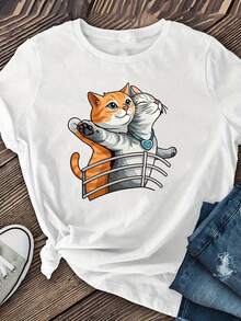 Women's 100% Casual Short Sleeve T-Shirt - Fashionable Printed Crew Neck Short Sleeve Tee, Breathable Machine Washable Fabric, Comfortable, Easy, And Stylish For Everyday Summer Wear. Perfect Gift. Relaxed Fit. Local Shipping. - 白色的 - 查看 1